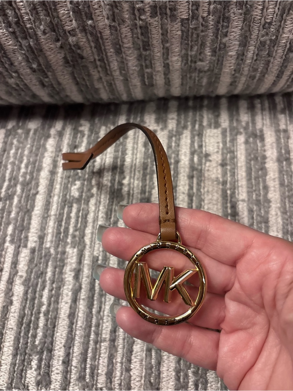 Michael Kors Brown Leather MK Logo Keychain with Gold-Tone Ring